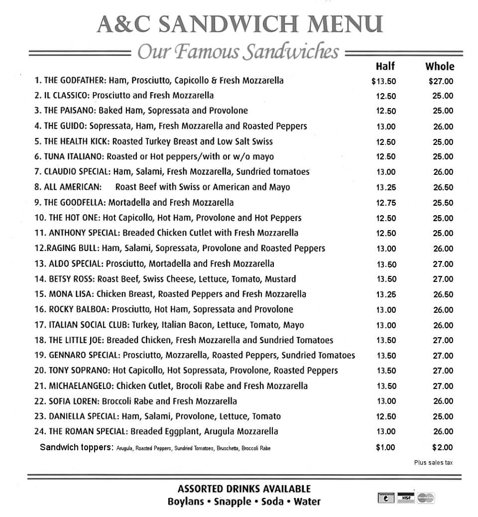 A & C sandwich menu